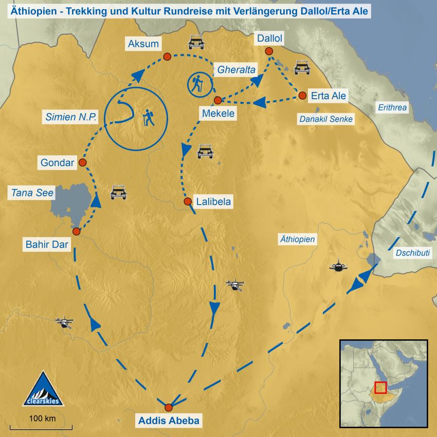 Übersichtskarte der Reise Äthiopien - Trekking und Kulturreise mit Danakil Senke und Vulkan Erta Ale