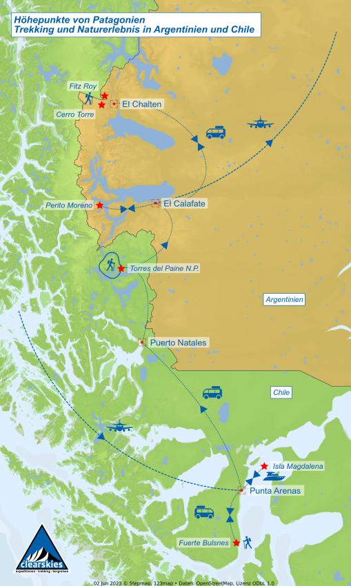 Karte Trekking im Süden von Patagonien, Torres del Paine, Cerro Torre und Fitz Roy