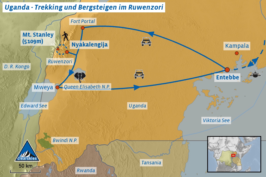 Übersichtskart der Reise zum Ruwenzori mit Safari im Queen Elisabeth N.P.